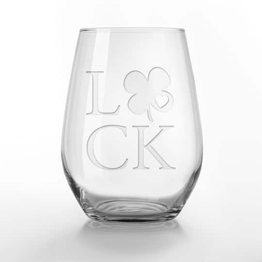 15oz. Luck Heart Clover Engraved Stemless Wine Glass